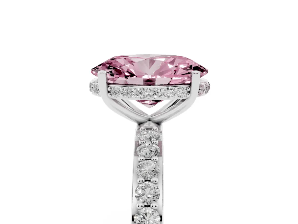 Fancy Pink Oval Cut Diamond Solitaire Ring with Pavé Band and Hidden Halo Silver