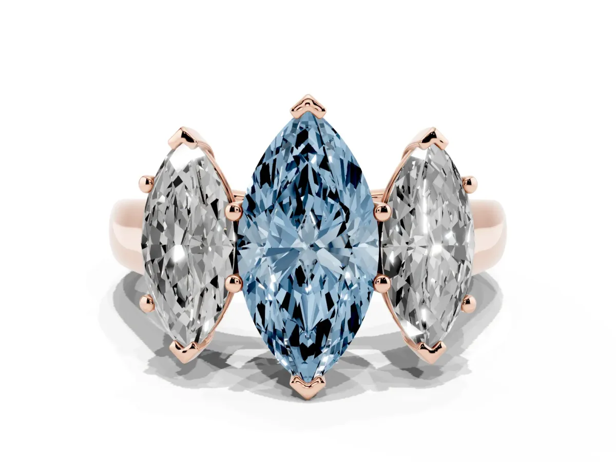 Fancy Blue Marquise Cut Three-Stone Diamond Ring with Prong Setting on a Classic Band Rose gold