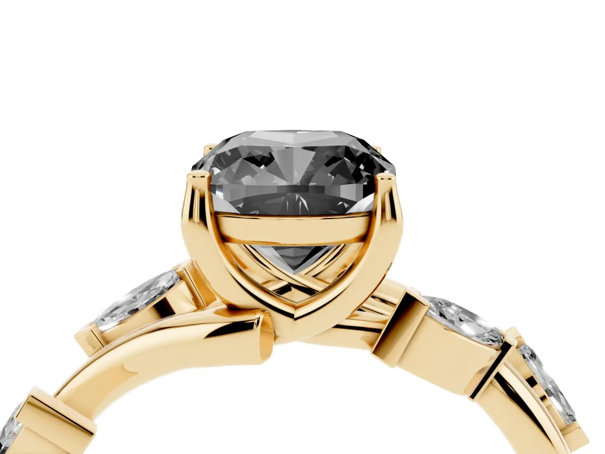 Fancy Black Cushion Cut Solitaire Twisted Band Marquise Accent Prong Setting Ring Yellow gold