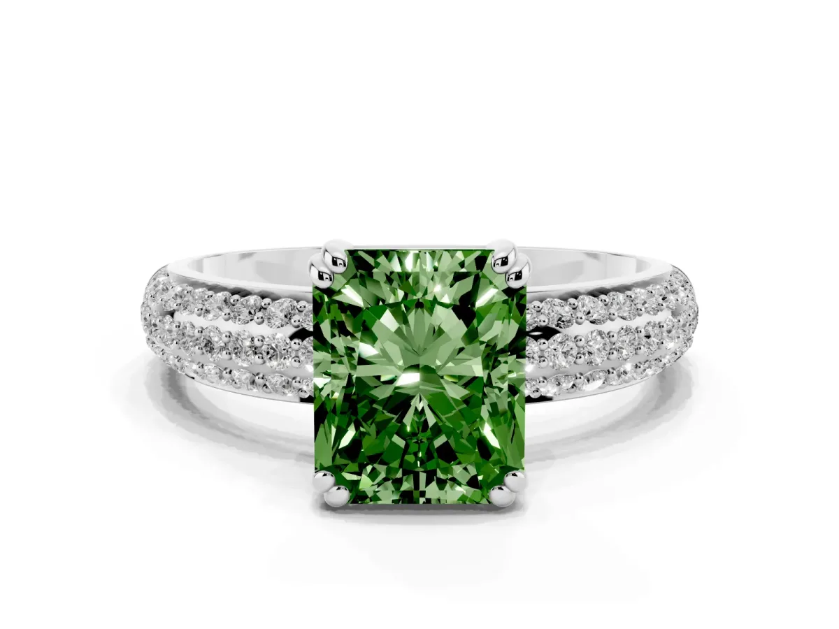 Fancy Green Radiant Cut Diamond Solitaire Ring with Multi-Row Round Pavé Band and Prong Setting White gold