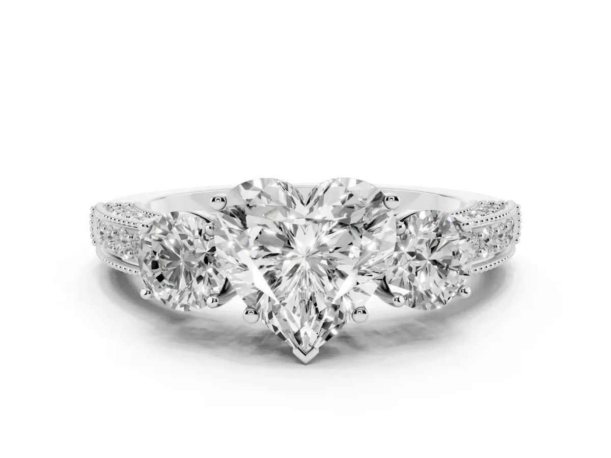 Heart Cut Three-Stone Diamond Ring with Pavé Band and Four-Prong Setting Silver
