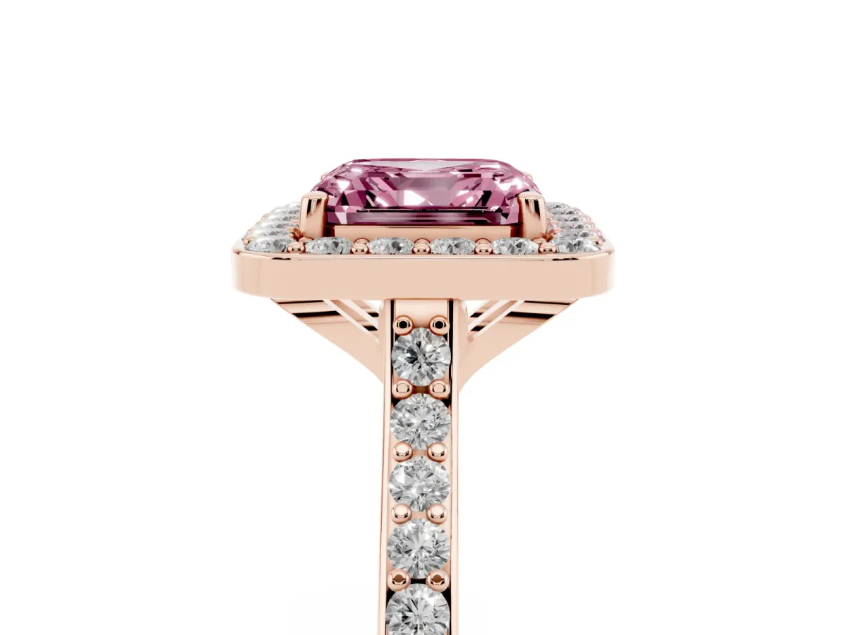 Fancy Pink Asscher Cut Diamond Halo Engagement Ring with Round Pavé Shoulders and Prong Setting Rose gold