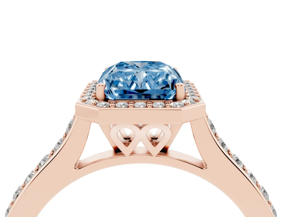 Fancy Blue Radiant Cut Diamond Halo Engagement Ring with Round Pavé Shoulders and Prong Setting Rose gold