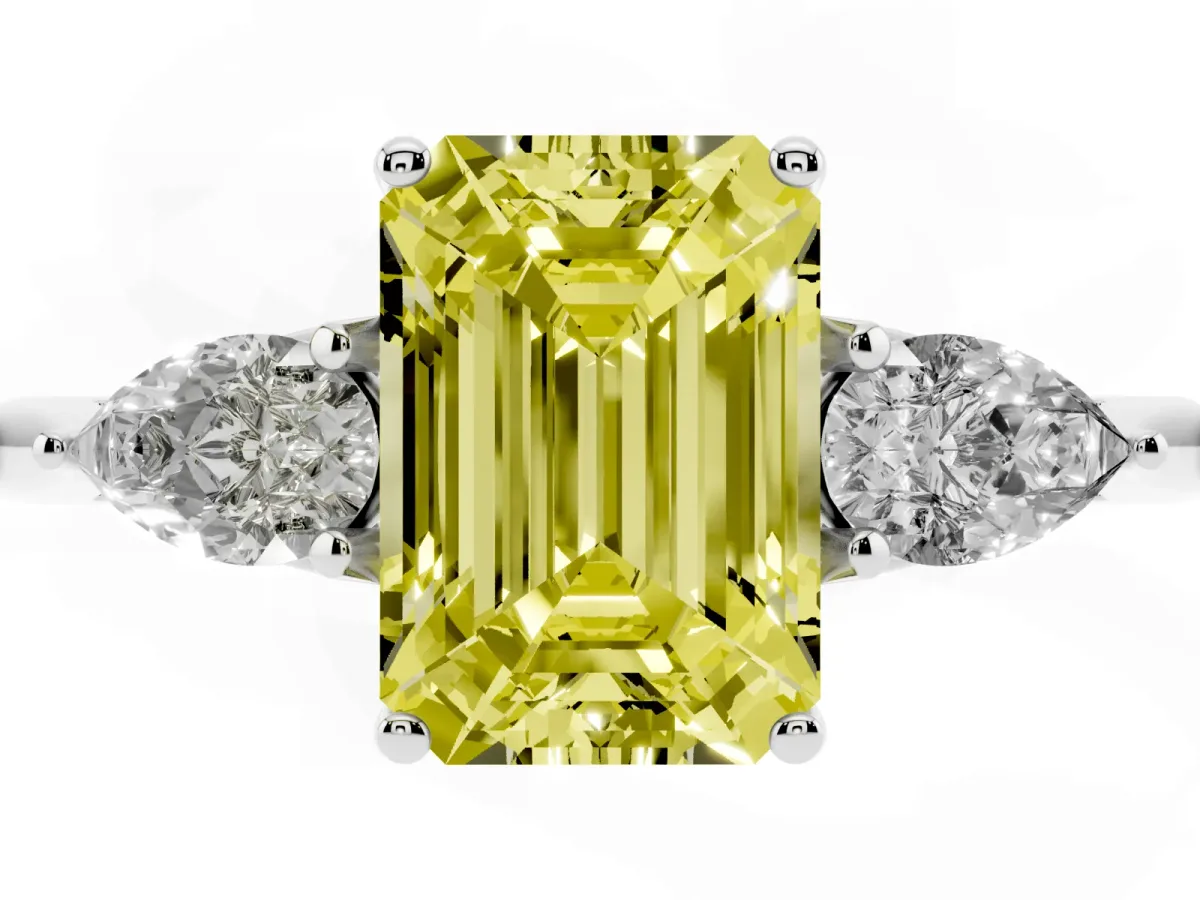 Fancy Yellow Three-Stone Emerald Cut Diamond Ring with Pear Side Stones in Four-Prong Setting Silver
