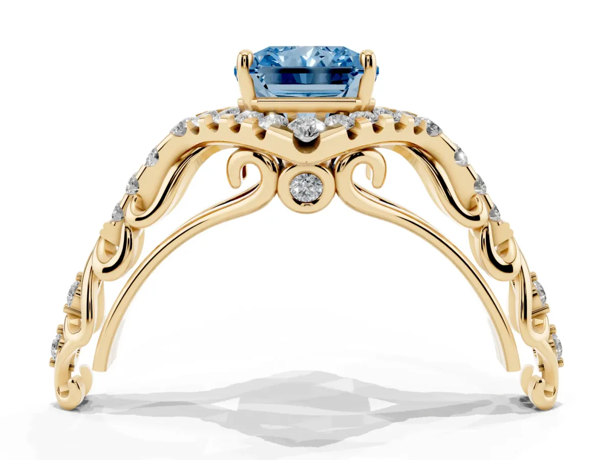 Fancy Blue Radiant Cut Diamond Solitaire Ring with Hidden Halo and Pavé Band Yellow gold