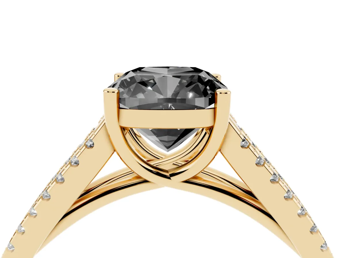 Fancy Black Cushion Cut Diamond Solitaire Engagement Ring with Split Shank Pavé Band Yellow gold