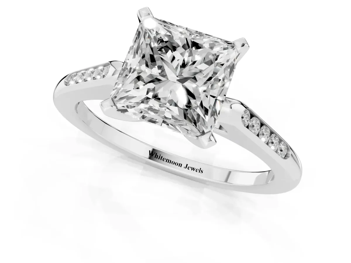 Princess Cut Diamond Solitaire Ring with Channel Set Round Band and Prong Setting Silver
