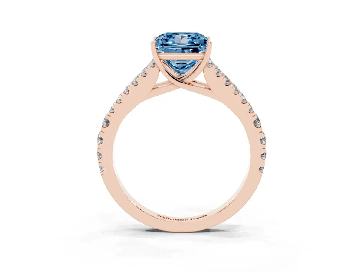 Fancy Blue Princess Cut Diamond Split Shank Engagement Ring with Round Pavé and Prong Setting Rose gold