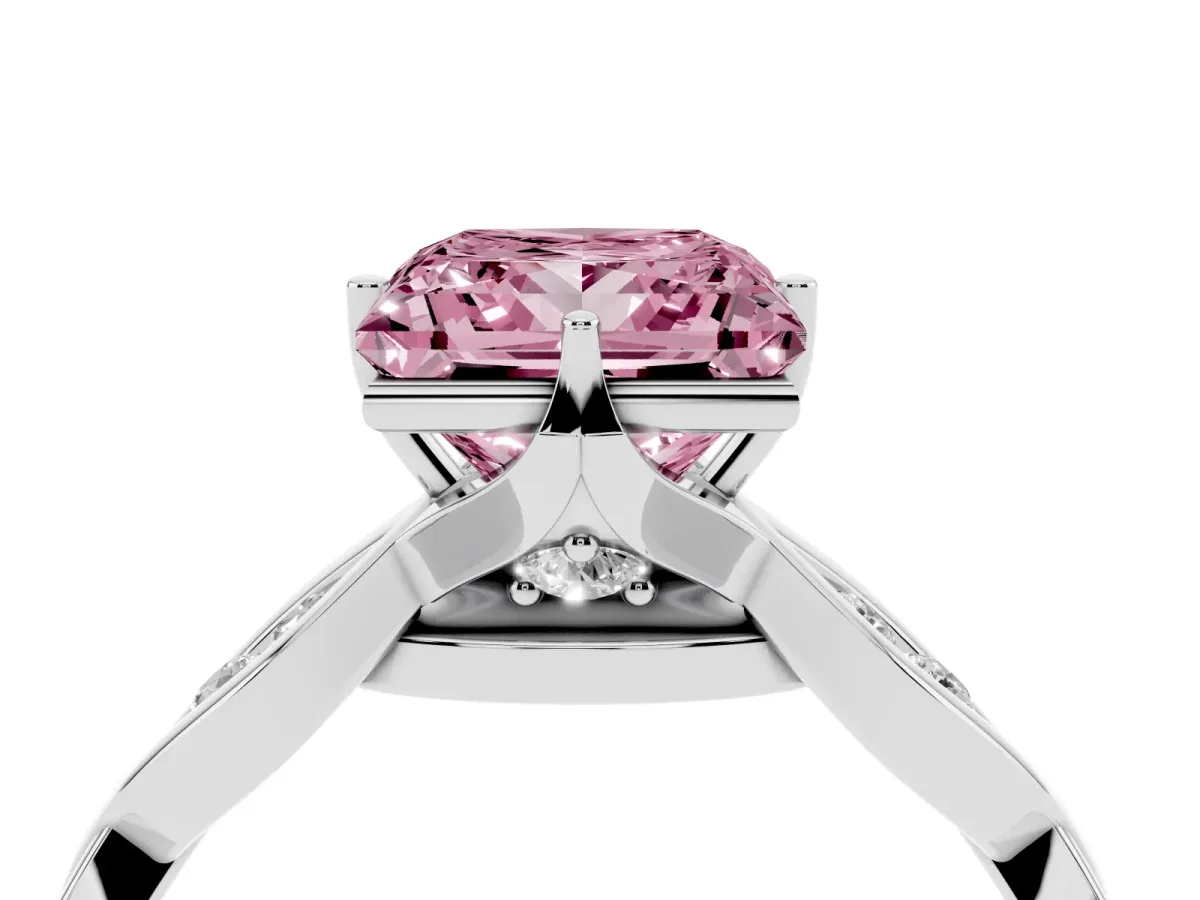 Fancy Pink Princess Cut Solitaire Twist Band with Leaf Prong Setting Silver