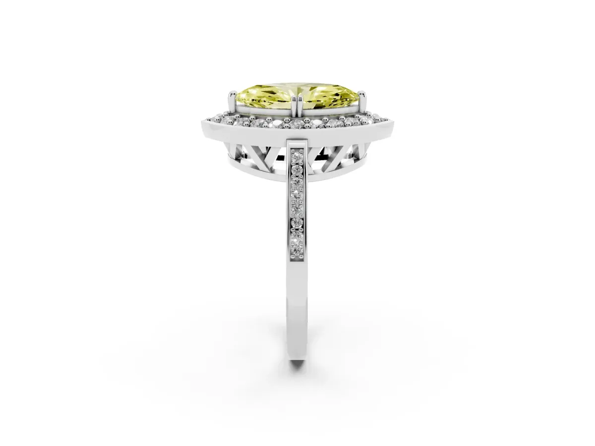 Fancy Yellow Marquise Cut Diamond Halo Ring with Split Shank and Four-Prong Setting Silver
