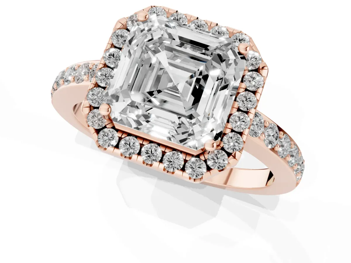 Asscher Cut Halo Diamond Pavé Band Ring with Prong Setting Rose gold