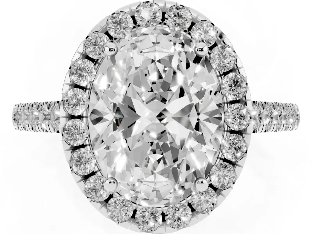 Oval Cut Halo Pavé Diamond Engagement Ring with Four-Prong Setting Platinum
