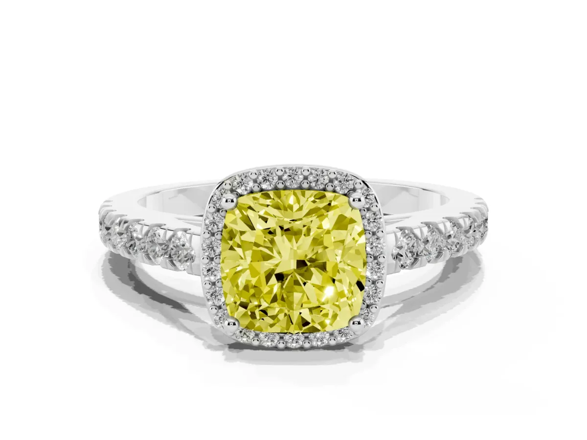 Fancy Yellow Cushion Cut Cut Halo Diamond Engagement Ring with Pave Band and Four-Prong Setting Silver