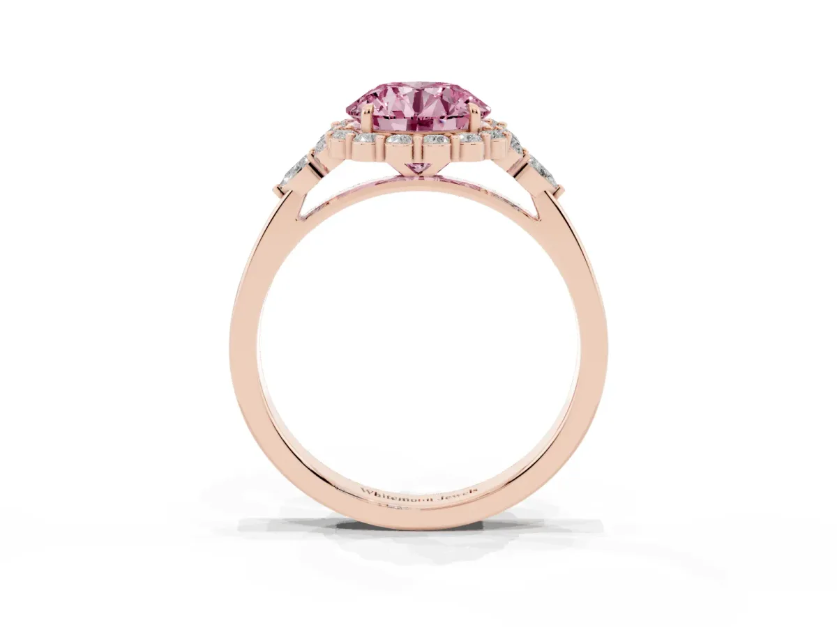Fancy Pink Round Cut Diamond Halo Ring with Pear Side Stones and Prong Setting Rose gold