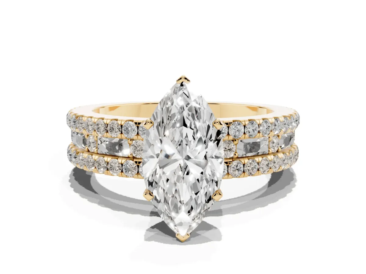 Marquise Cut Diamond Solitaire Ring with Pavé and Channel Set Band Yellow gold