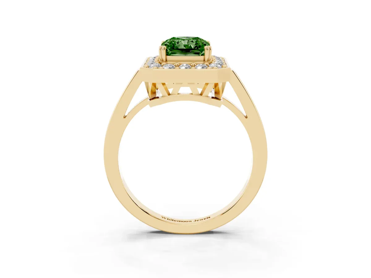 Fancy Green Radiant Cut Diamond Halo Ring with Split Shank and Four-Prong Setting Yellow gold