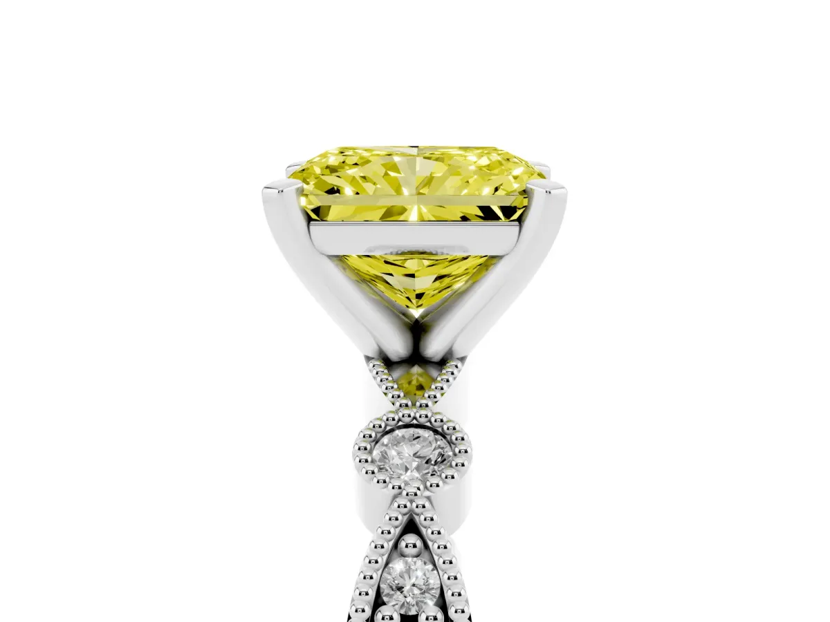 Fancy Yellow Radiant Cut Milgrain Bezel Diamond Engagement Ring with Solitaire Prong Setting Silver