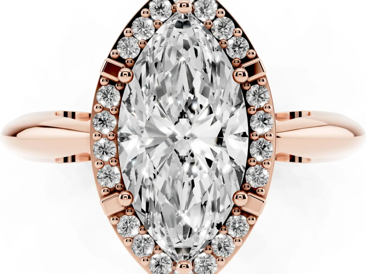 Marquise Cut Cut Diamond Halo Engagement Ring with Split Shank and Four-Prong Setting Rose gold