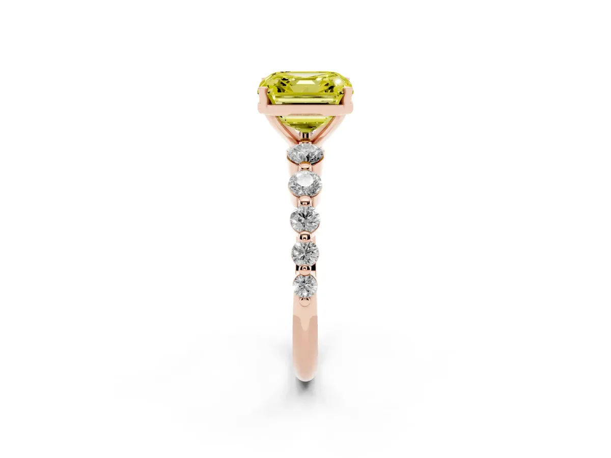 Fancy Yellow Asscher Cut Solitaire Diamond Ring with Pave Band and Four-Prong Setting Rose gold