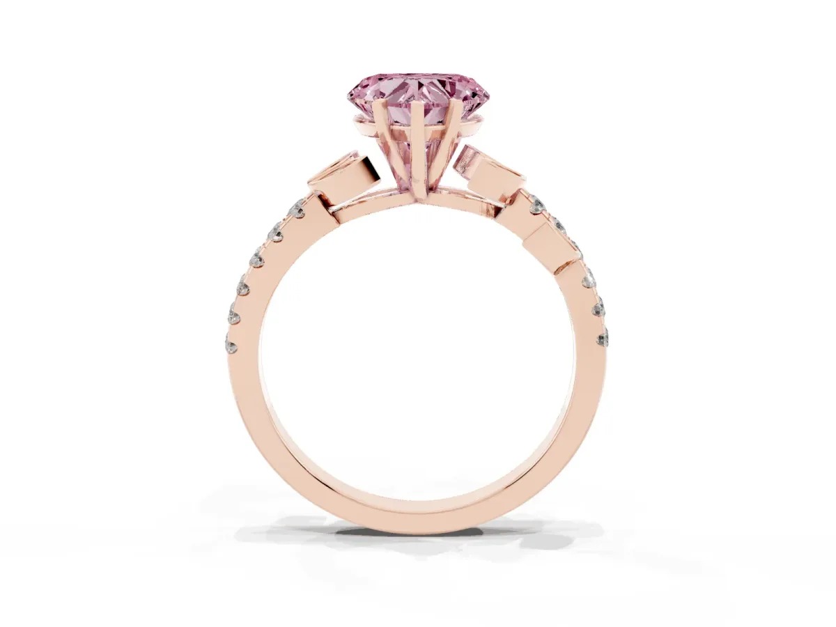 Fancy Pink Heart Cut Solitaire Leaf-Inspired Diamond Ring with Pavé Band and Four-Prong Setting Rose gold