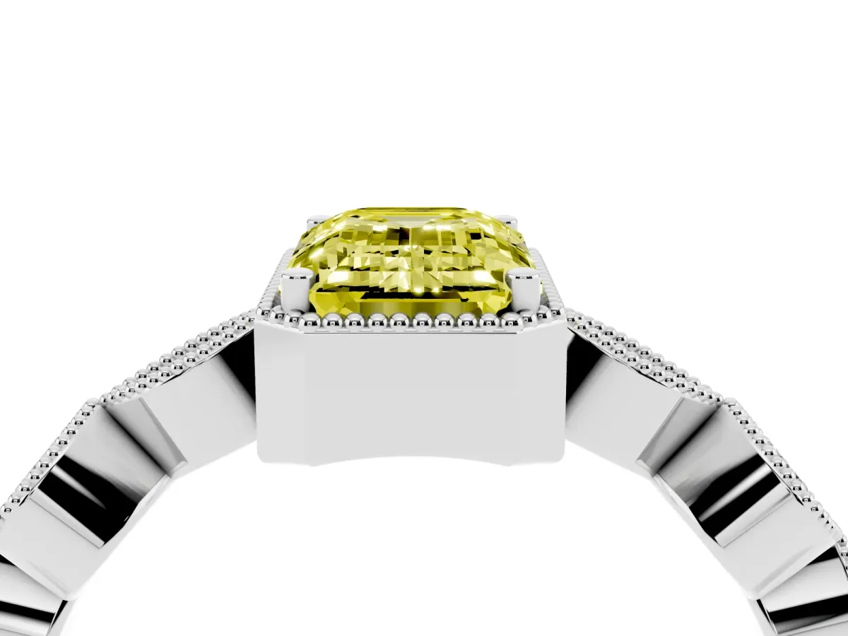 Fancy Yellow Emerald Cut Diamond Vintage Milgrain Ring with Round Stations White gold