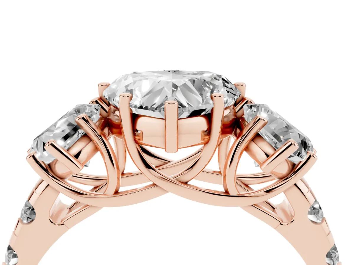 Three-Stone Heart Cut Diamond Pavé Band with Prong Setting Rose gold