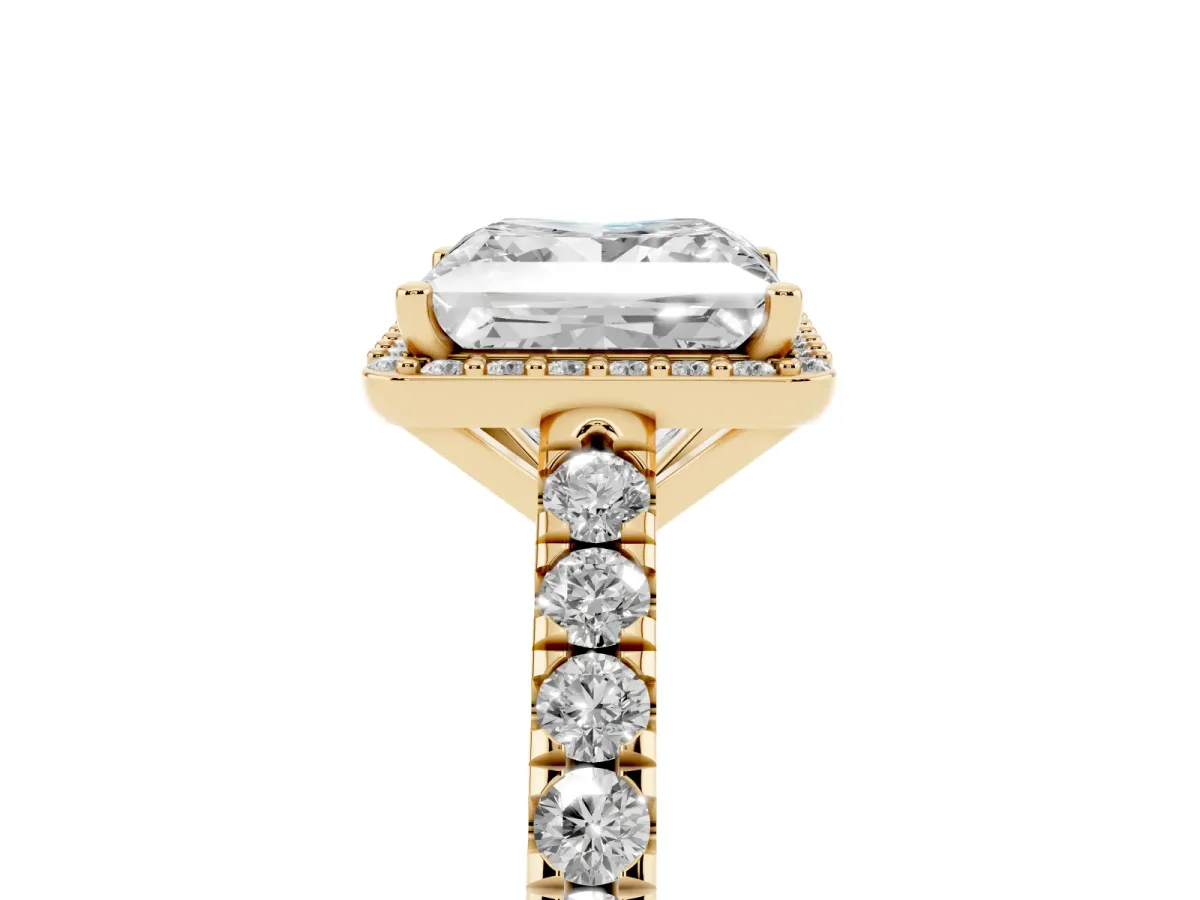 Princess Cut Cut Halo Diamond Engagement Ring with Pave Band and Four-Prong Setting Yellow gold