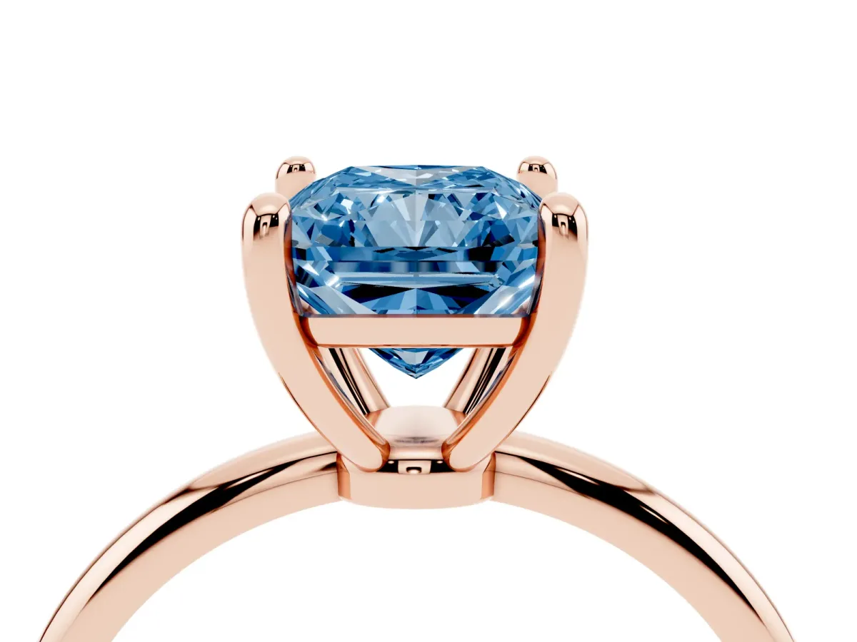 Fancy Blue Radiant Cut Solitaire Diamond Ring with 4-Prong Setting on a Classic Band Rose gold