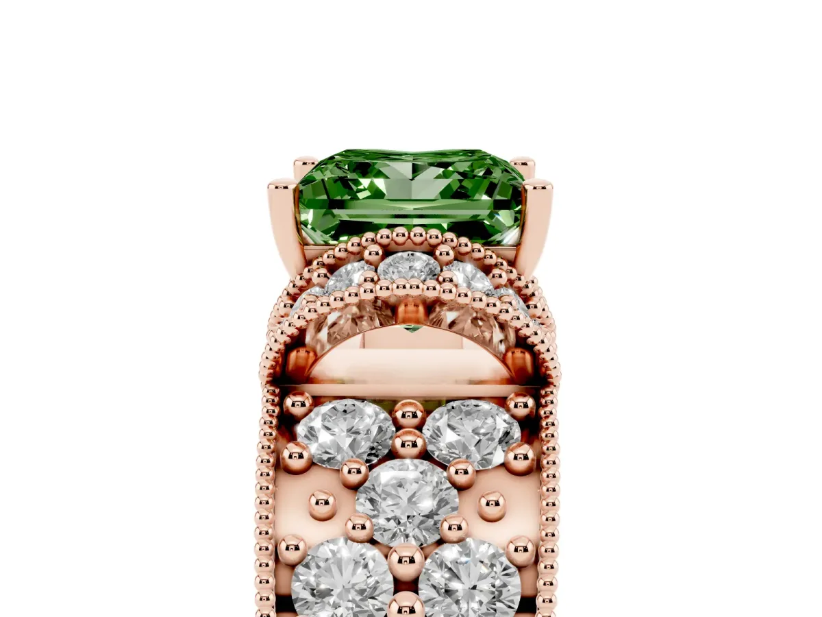Fancy Green Princess Cut Halo Pave Diamond Engagement Ring with Milgrain Detailing Rose gold