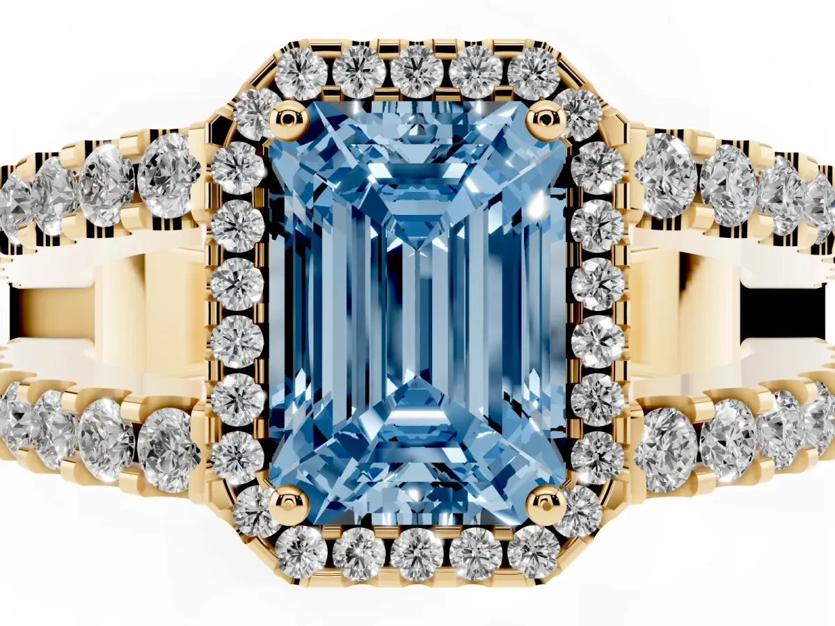 Fancy Blue Emerald Cut Cut Halo Split Shank Diamond Ring with Four-Prong Setting Yellow gold