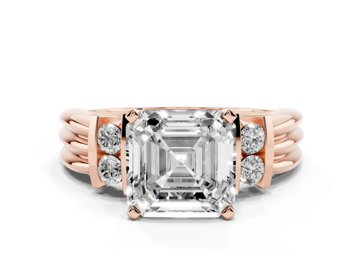 Asscher Cut Cut Three-Stone Channel Set Ring with Bar Prongs Rose gold