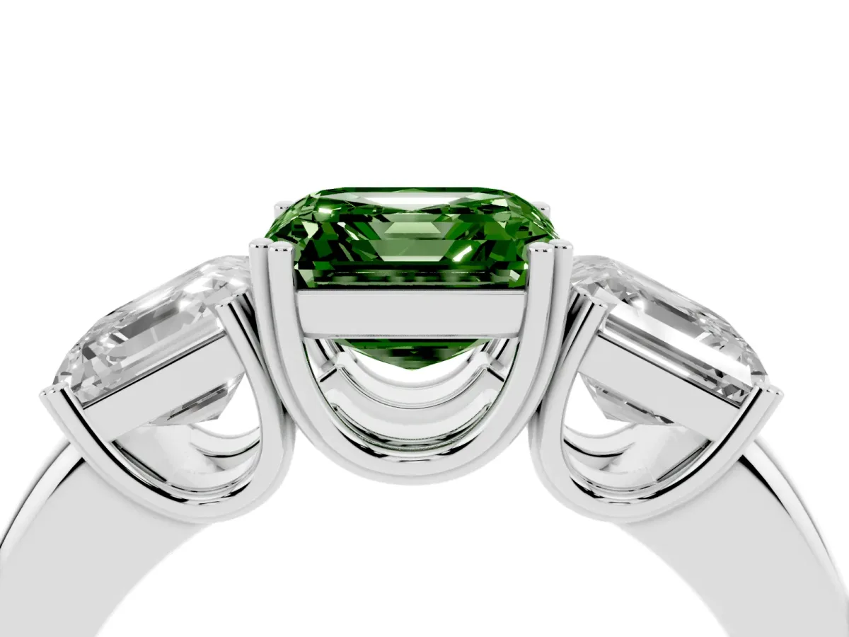 Fancy Green Three-Stone Asscher Cut Cut Diamond Ring with Channel Set Band and Four-Prong Setting Platinum