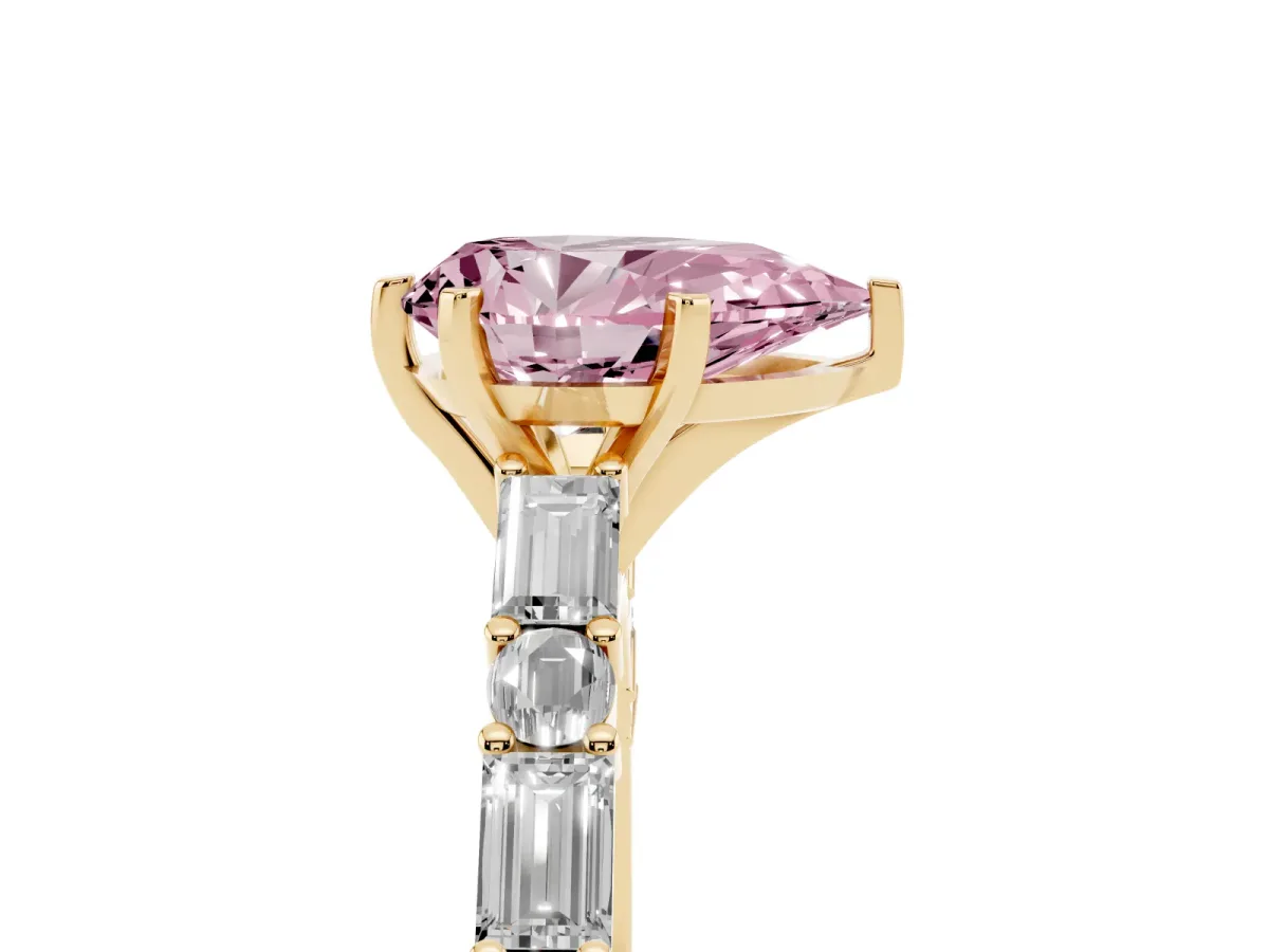 Fancy Pink Pear Cut Diamond Solitaire with Side Baguettes and Channel Set Band Yellow gold