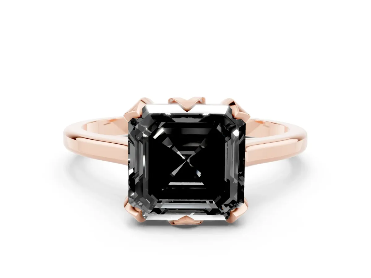 Fancy Black Asscher Cut Diamond Solitaire Ring with Flower Prong Setting and Classic Band Rose gold