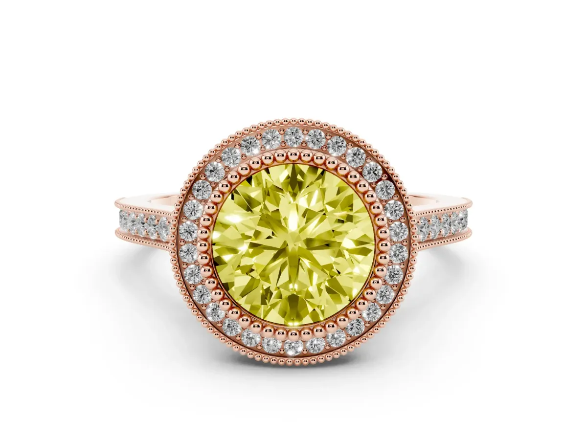 Fancy Yellow Round Cut Diamond Halo Ring with Milgrain Frame and Pavé Band Rose gold