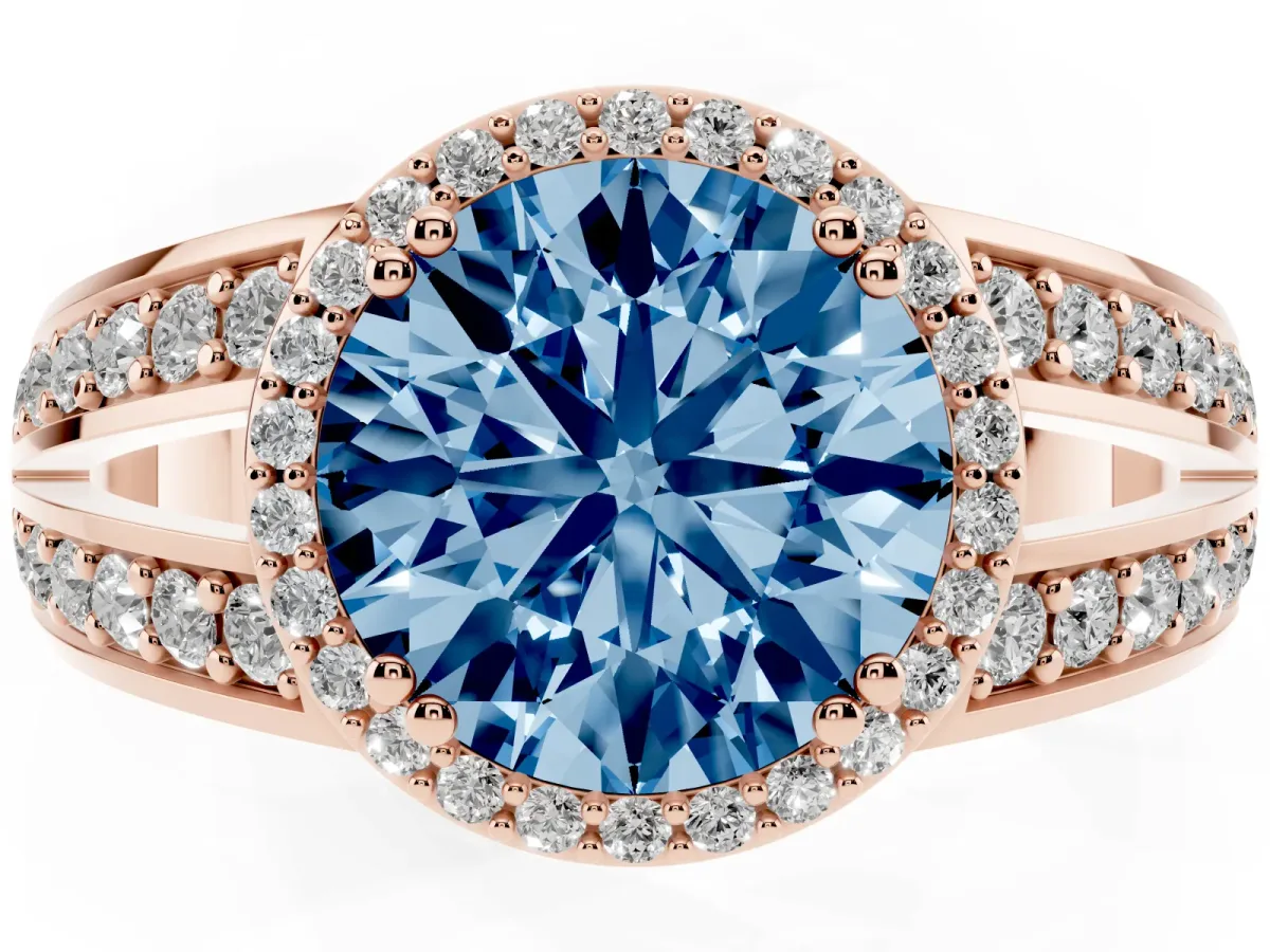 Fancy Blue Round Cut Diamond Halo Ring with Split Shank Pavé Band and Four-Prong Setting Rose gold