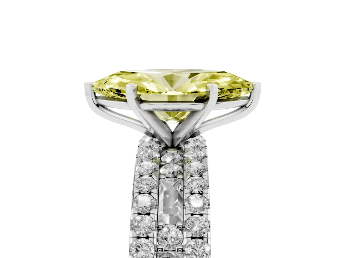 Fancy Yellow Marquise Cut Diamond Solitaire Ring with Pavé and Channel Set Band Platinum