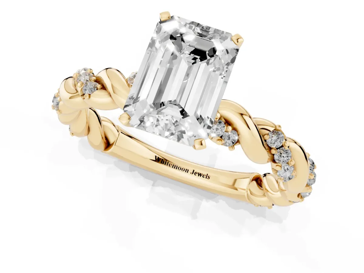 Emerald Cut Diamond Solitaire Ring with Twisted Band and Pavé Accents Yellow gold