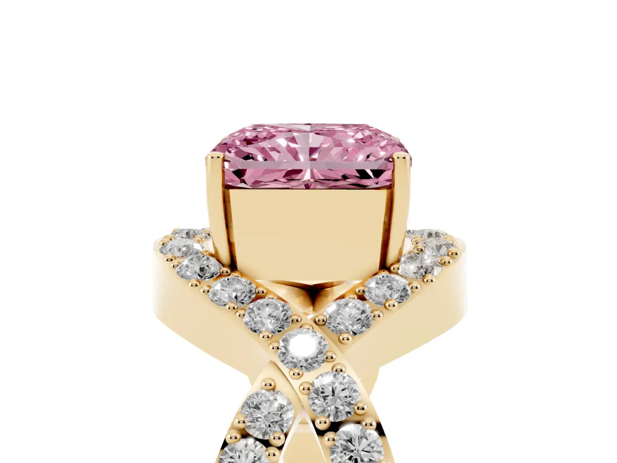 Fancy Pink Radiant Cut Solitaire Twist Band Pavé Diamond Engagement Ring Yellow gold