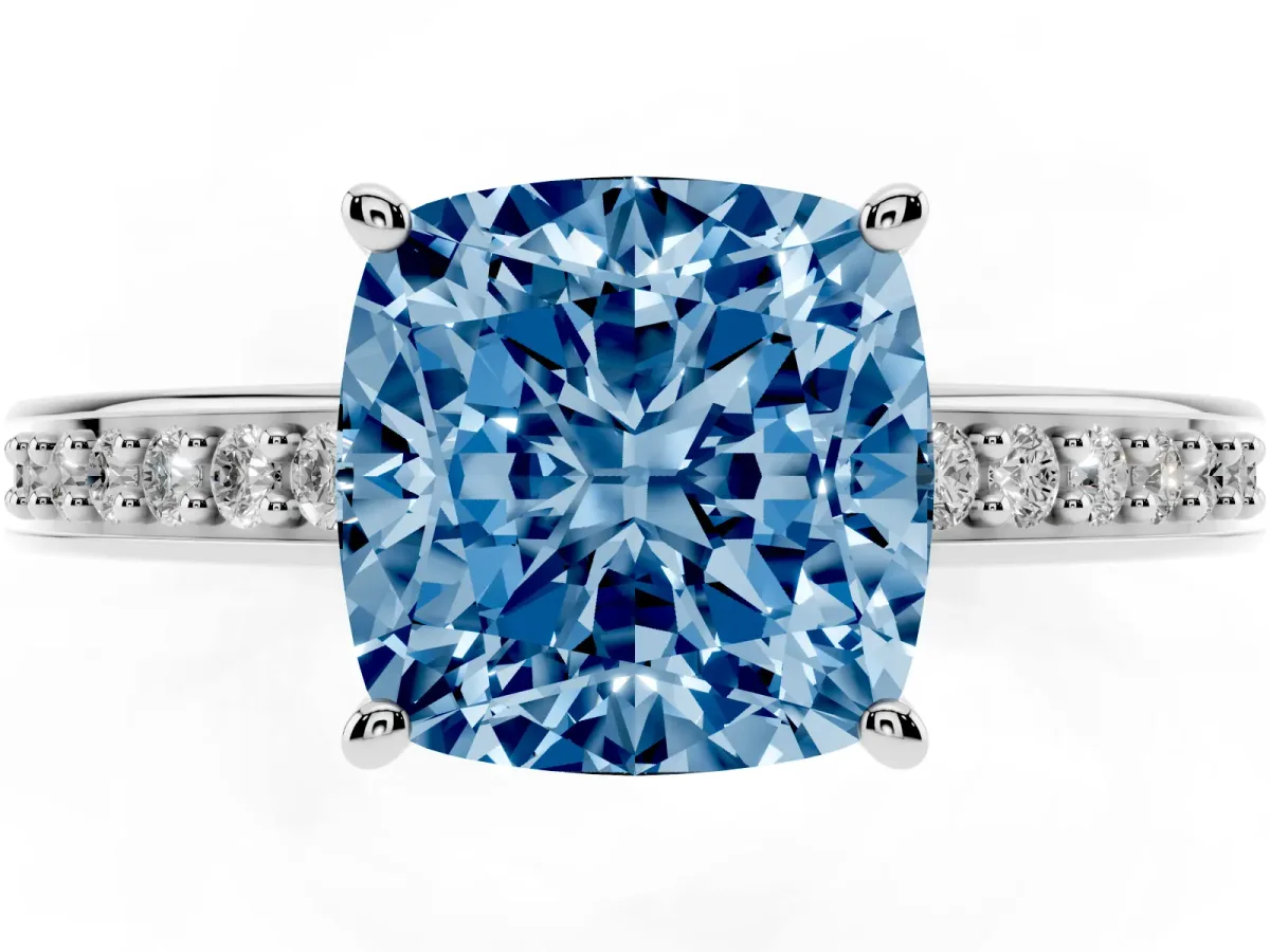 Fancy Blue Cushion Cut Solitaire Pavé Band Prong Setting Ring Silver