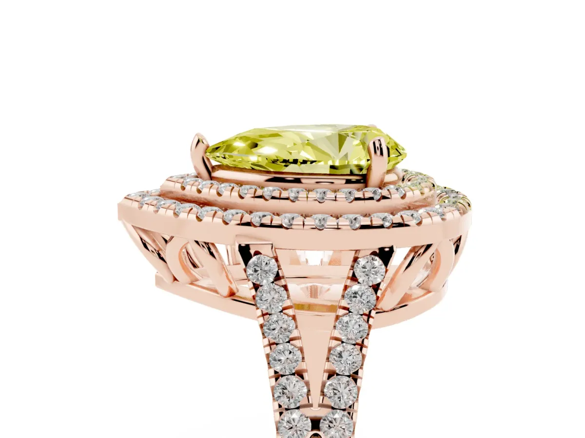 Fancy Yellow Pear Cut Diamond Double Halo Ring with Pavé Band and Prong Setting Rose gold