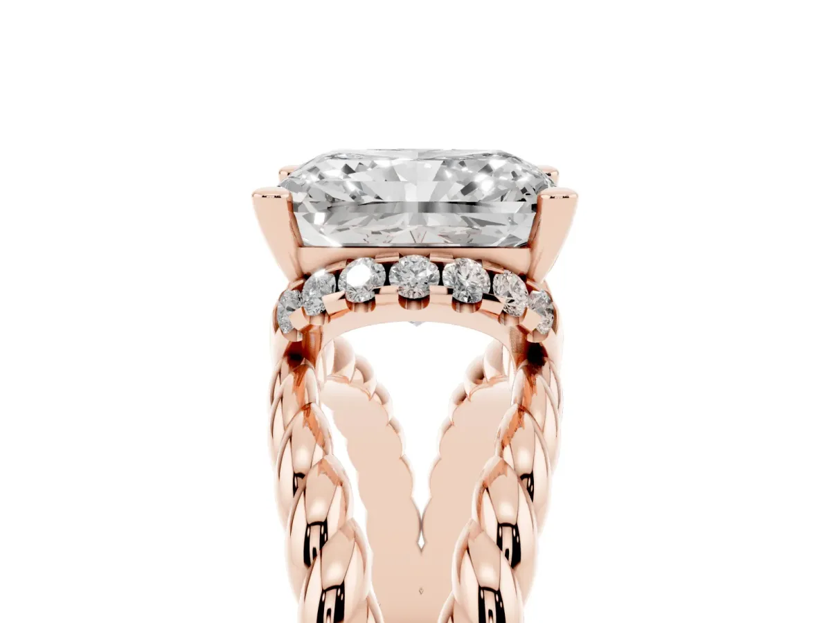 Radiant Cut Halo Twisted Band Four-Prong Ring Rose gold