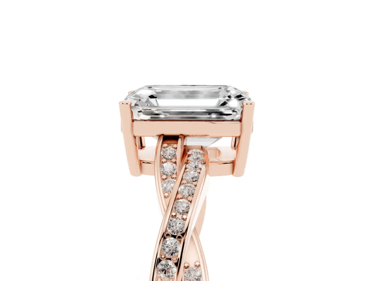 Emerald Cut Solitaire Twisted Pave Diamond Ring with Four-Prong Setting Rose gold