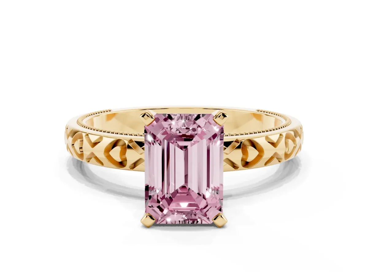 Fancy Pink Emerald Cut Solitaire Diamond Engagement Ring with XO Engraved Band and Four-Prong Setting Yellow gold