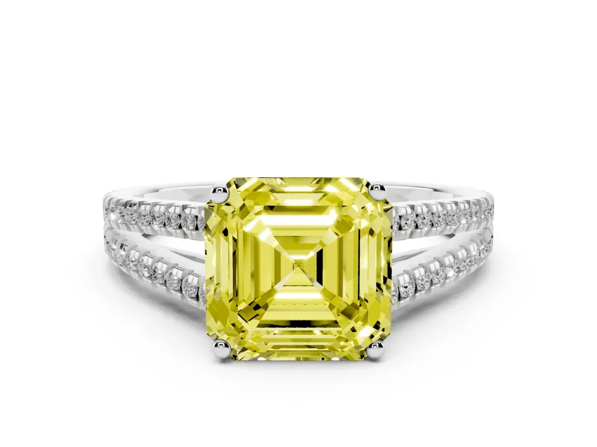 Fancy Yellow Asscher Cut Diamond Solitaire Engagement Ring with Split Shank Pavé Band Silver