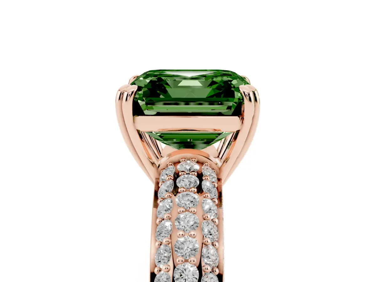 Fancy Green Asscher Cut Diamond Solitaire Ring with Multi-Row Round Pavé Band and Prong Setting Rose gold