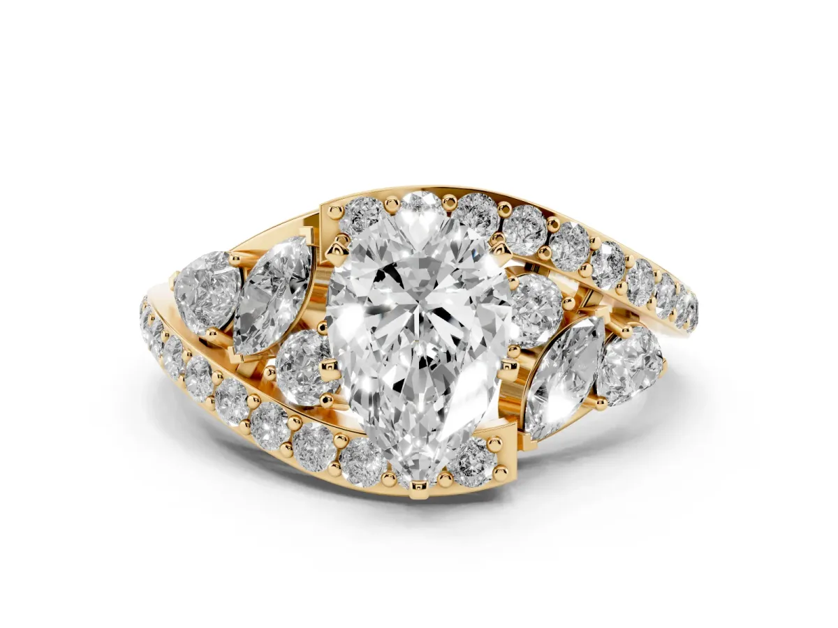 Pear Cut Diamond Halo Ring with Marquise and Pavé Band in Prong Setting Yellow gold