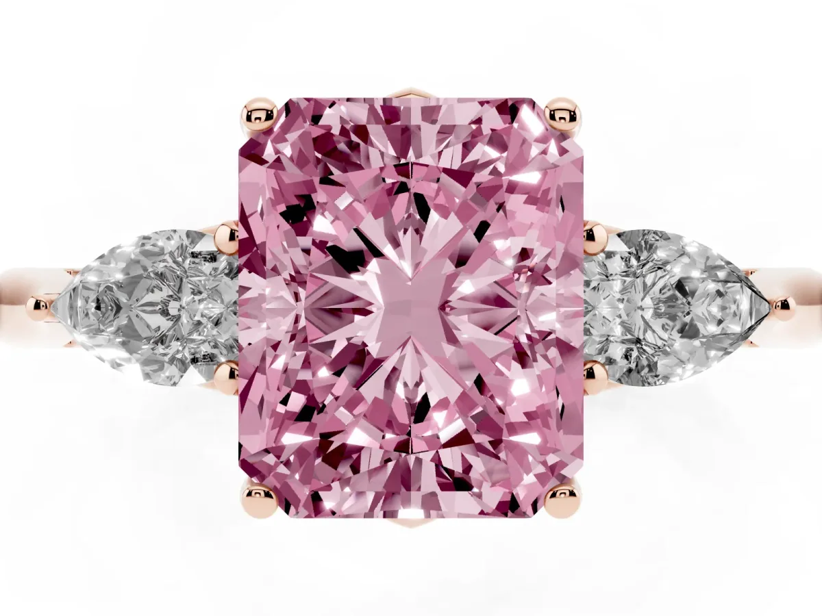 Fancy Pink Radiant Cut Diamond Three-Stone Ring with Pear Side Stones and Prong Setting Rose gold