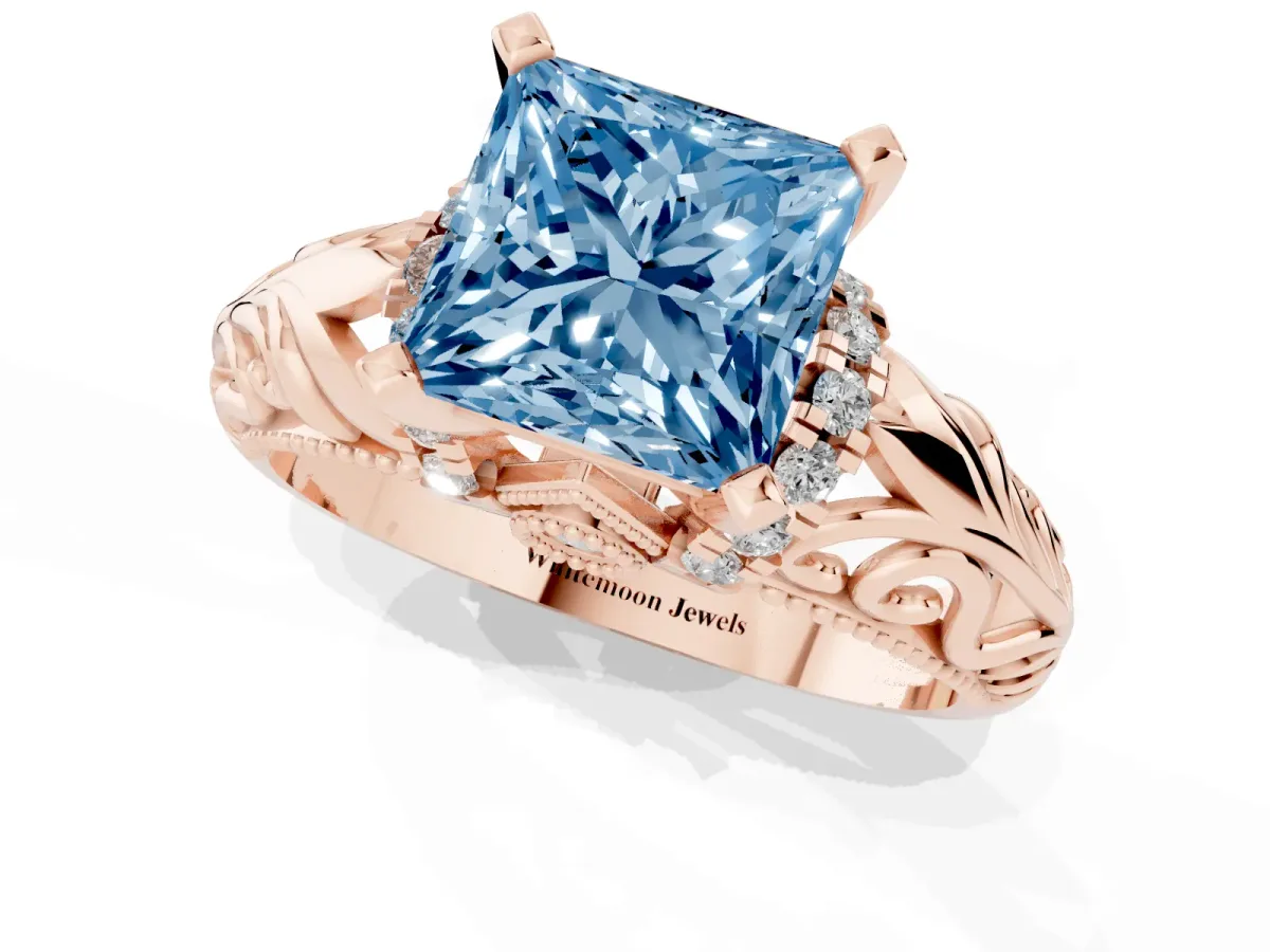 Fancy Blue Princess Cut Solitaire Filigree Engagement Ring with Halo and Prong Setting Rose gold