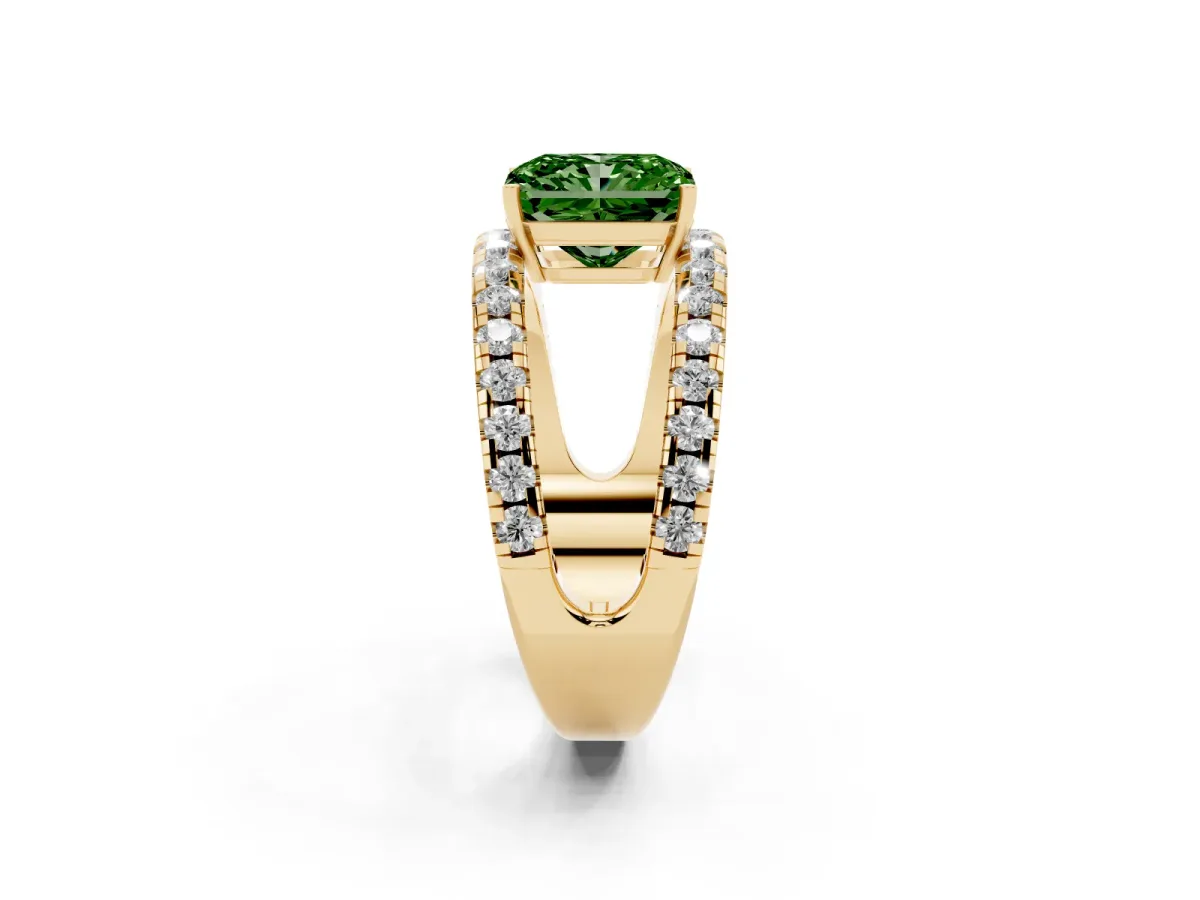 Fancy Green Radiant Cut Solitaire Split Shank Pave Diamond Ring Yellow gold